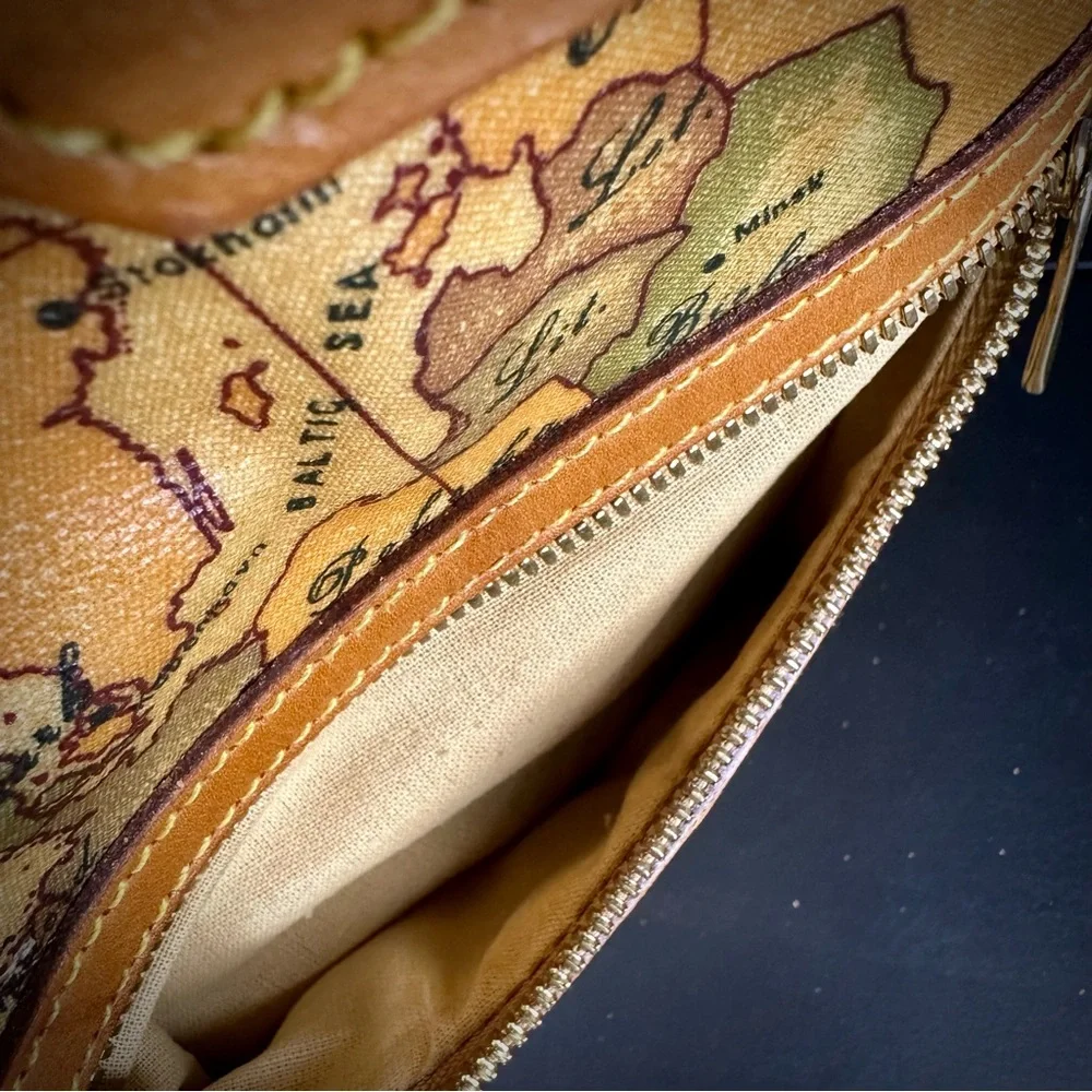Vintage Alviero Martini 1A Classe Geo Map Coated Canvas Leather Sling Backpack